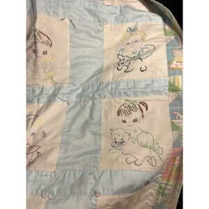 Vintage Handmade Baby Quilt Blanket Embroided Children & Animals Pastel Nursery